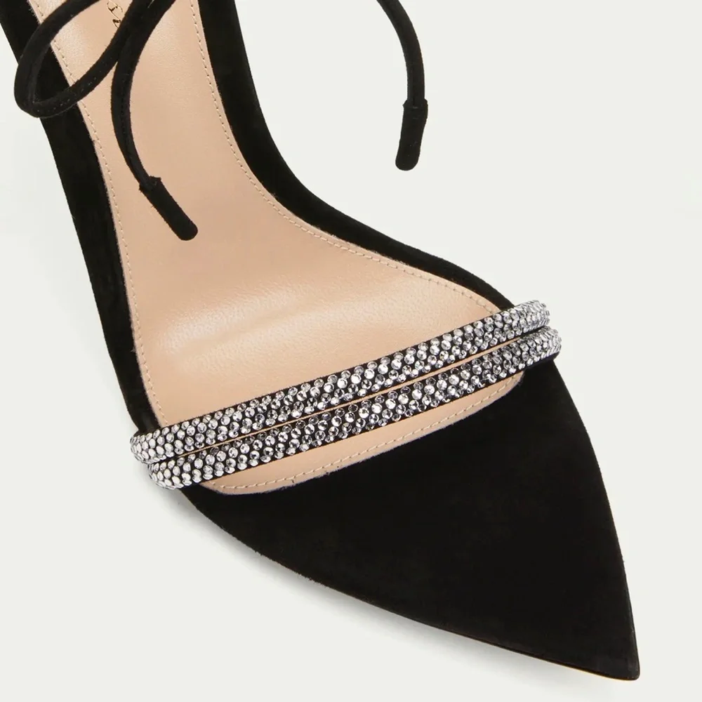 Gianvito Rossi Montecarlo Black Suede & Crystal Stiletto Heel Ankle-tie …